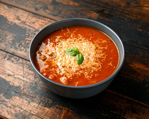 Seasonal vegetables classic minestrone soup with pasta served with cheese, grilled sour dough bread and basil leaves