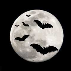Naklejka premium Vector silhouette of flying bat on moon background. Symbol of night creature.