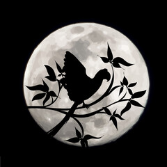 Vector silhouette of parrot on moon background. Symbol of night.
