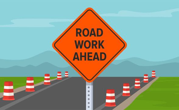 Road work ahead or under construction sign. Flat vector illustration.
