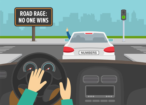 Hands driving a car on a crossroad. Road rage billboard. Man in front car rudely gesturing while driving. Flat vector illustration.