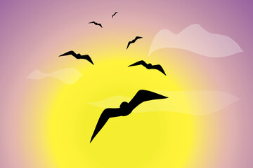 Vector silhouette of flying birds at sunset. Symbol of nature.