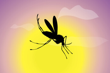 Vector silhouette of flying mosquito at sunset. Symbol of nature.