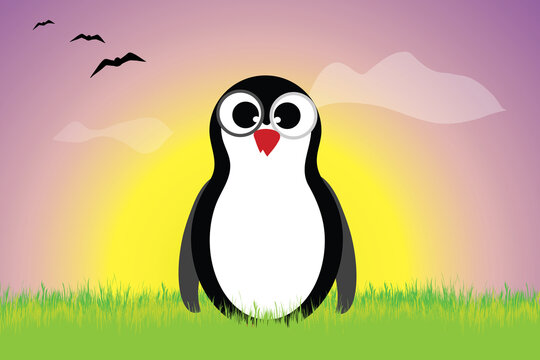 Vector silhouette of penguin staying in the grass at sunset. Symbol of animal.
