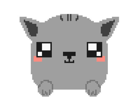 Pixel art: the face and paws of a smiling cute cat.
