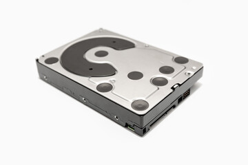 Hard disk drive HDD isolated on white background. Computer hardware data storage.