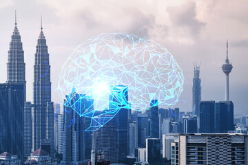 Brain hologram over panorama city view of Kuala Lumpur. KL is the largest science hub in Malaysia,...