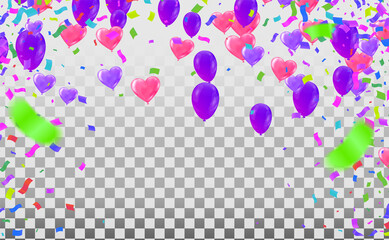 Valentines Background With Many Falling Purple Confetti.And balloon Purple Celebration Decoration. Concept