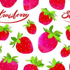 Vector seamless pattern : red ripe strawberries with green leaves on white with hand written lettering and watercolor texture. Colorful summer design for textile , wrapping paper, wallpaper, decore.