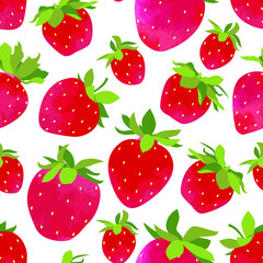 Vector seamless pattern : red ripe strawberries with green leaves on white with  watercolor texture. Colorful summer design for textile , wrapping paper, wallpaper, menu decore.