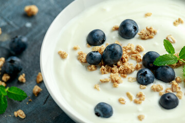 Greek yogurt with granola and blueberries in white bowl. Healthy breakfast food or snack