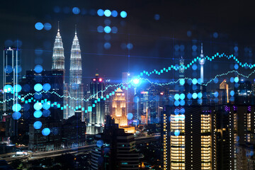 Fototapeta na wymiar FOREX graph hologram, aerial night panoramic cityscape of Kuala Lumpur. KL is the developed location for stock market researchers in Malaysia, Asia. The concept of fundamental analysis.