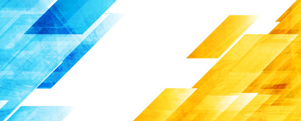 Blue and yellow abstract geometric tech banner with grunge texture. Futuristic vector design