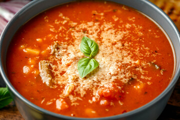Seasonal vegetables classic minestrone soup with pasta served with cheese, grilled sour dough bread and basil leaves
