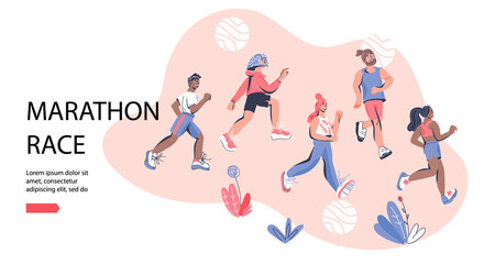 Fototapeta premium Marathon race banner template with group of running men and women wearing sportswear. Marathon race or sprint sport event competition advert, cartoon vector illustration in trendy style. 
