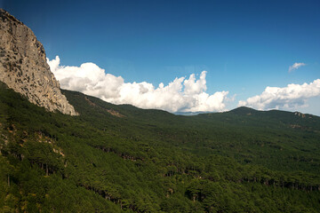 Magnificent views of the highest mountain in the Crimea AI-Petri with a suspended cable bridge. The...