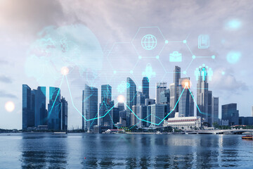 Research and development hologram over panorama city view of Singapore, hub of new technologies to...