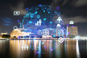 Glowing Social media icons on night panoramic city view of Singapore, Asia. The concept of networking and establishing new connections between people and businesses. Double exposure.