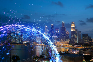 Abstract technology icons, night aerial panoramic cityscape of Singapore, Asia. The concept of innovative approach to optimize international business process. Double exposure.