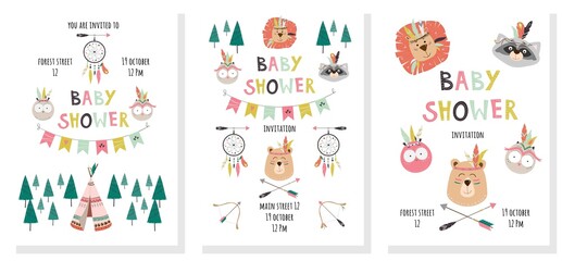 Set with baby shower invitations with cute animals bear, raccoon, owl, lion. Vector illustration for children with hand drawn decorative text