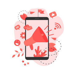 Business Advertising Promotion. Big Megaphone and Business icon. Advertisement Marketing Concept. Vector illustration.	
