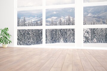 modern empty room with mountain background in windows interior design. 3D illustration
