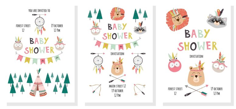 Set with baby shower invitations with cute animals bear, raccoon, owl, lion. Vector illustration for children with hand drawn decorative text