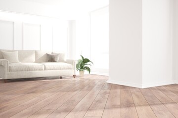 modern room with sofa,pillows,plant and plinth interior design. 3D illustration