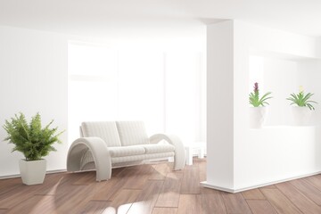 modern room with sofa,pillows,plants,white table interior design. 3D illustration
