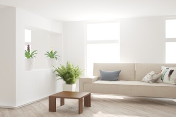 modern room with sofa,pillows,table,plants interior design. 3D illustration