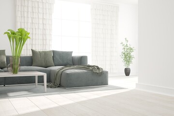 modern room with sofa,table,pillows,plaid and plant in black pot interior design. 3D illustration