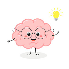 Cute nerd brain cartoon character with lightbulb