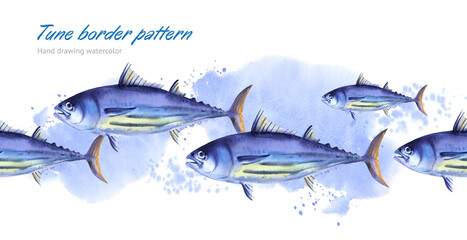 Watercolor striped tuna border seamless pattern. Banner of school of fishes on blue water background. Skipjack tuna