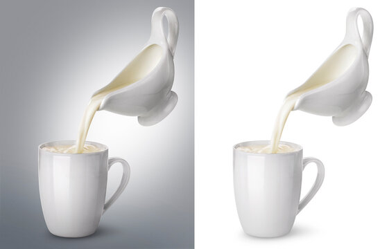 Pouring milk from creamer into ceramic cup with splash