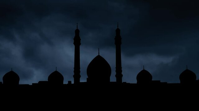 Shia Islam sacred site and Jamkaran Mosque with Lightning and Thunderstorm Flash over the Dome and Minaret, Qom, Iran