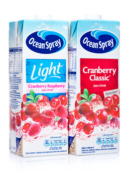 LONDON, UK - JANUARY 02, 2018: Pack Of Ocean Spray brand Cranberry classic and light Juice on a White.