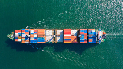 Aerial view container cargo ship in ocean, Business industry commerce global import export logistic transportation oversea worldwide, Sea shipping company vessel.