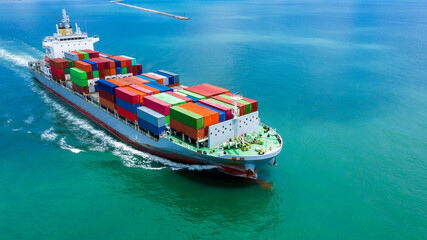 Container ship in seaport terminal, Container cargo vessel freight shipping company commercial...