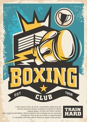 Boxing club emblem and poster design template. Vintage sports vector flyer. Boxing glove and ring in a shield shape. Crown symbol.