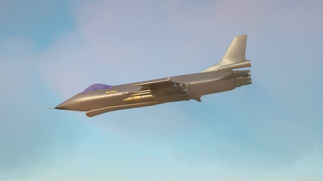 3D Animation of a fighter jet flying through clouds
