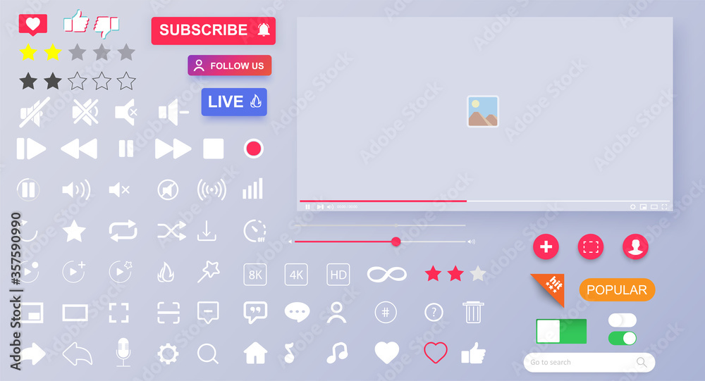Poster screen player and icon templates. app ux web buttons layouts, ui. mockup application page user inter