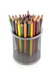 Metal stand with colored pencils on a white isolated background
