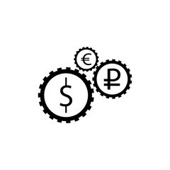 Money mechanism sign. Dollar, ruble and euro sign in gear. eps ten