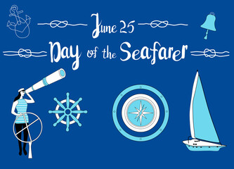 Day of the seafarer 25 June vector illustration. Sailor stands behind the steering wheel,looks into the suspension pipe.Sailing yacht, compass, anchor and nautical knots around.Lettering for postcard