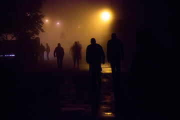 Krakow, Poland - September 20, 2014: People leave after concert in a late foggy night
