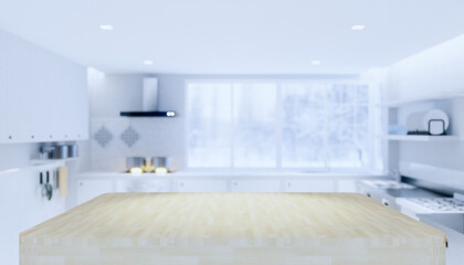 kitchen interior background with counter or table. Decoration top surface by wood texture. Include blur of window, gas stove and cooker hood with empty or copy space for mockup or product display.