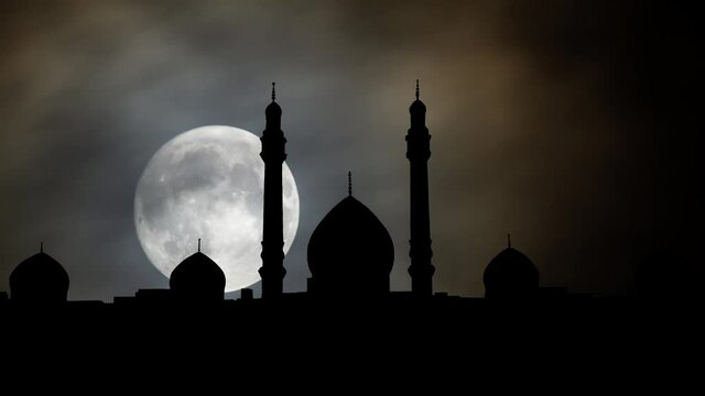 Qom, Iran: The Jamkaran Mosque by Night, Time Lapse with Full Moon and Skyline of Important Religious Site