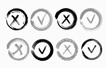 Tick and cross vector signs. Dry brush strokes