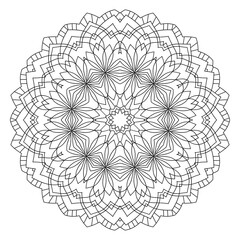 Big decorative mandala with lines and floral elements on white isolated background. For coloring book pages.