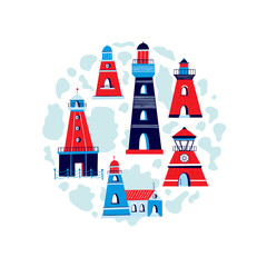 Vector handdrawn Ligthouses collection. Colorful lighthouse isolated